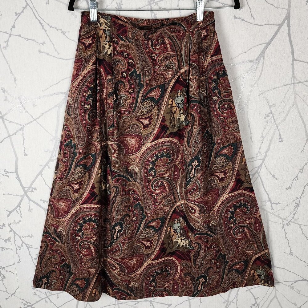 D'Allairds VTG Paisley Country Scene Pleated Front Midi Skirt